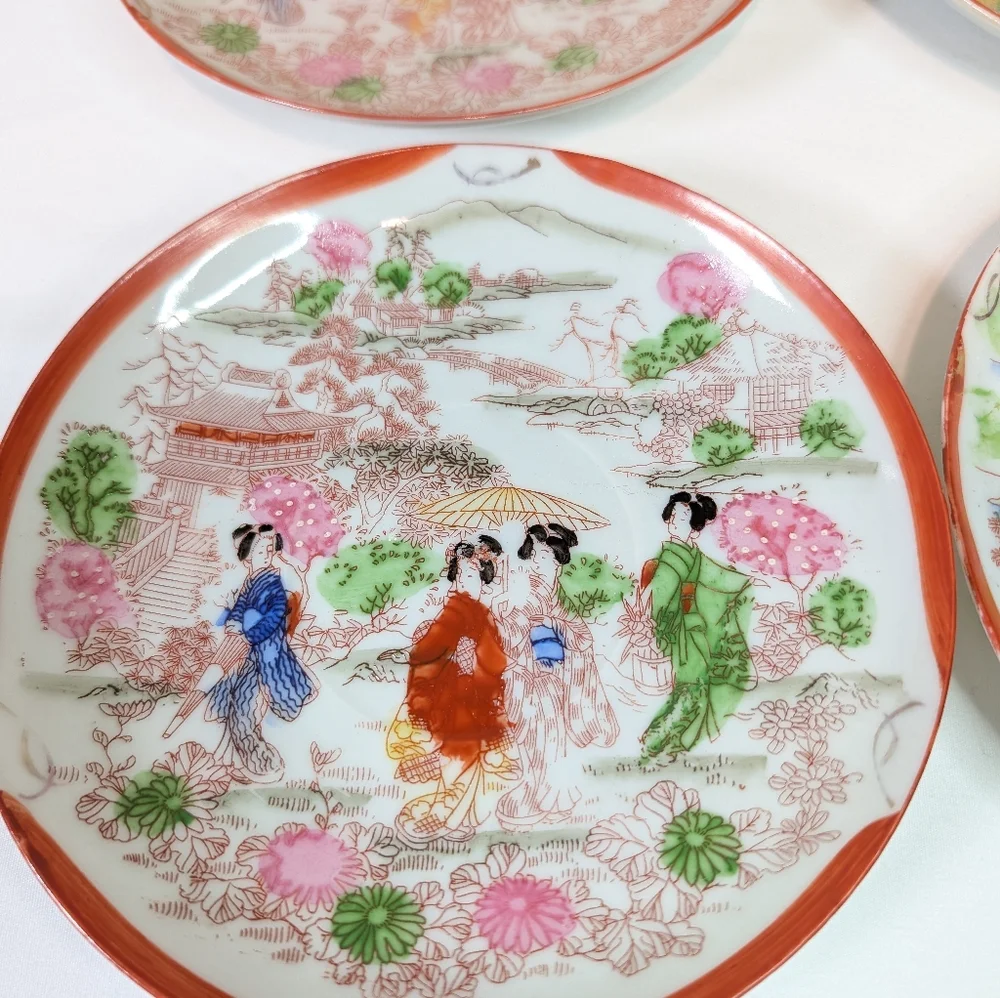 Vintage Japanese Kutani Porcelain Hand Painted Plates Set Of 7